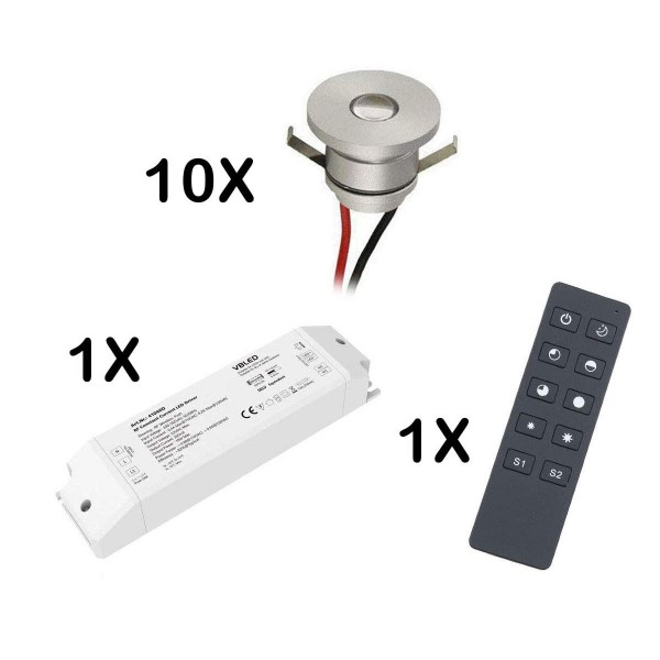 10-er Set 1W LED Aluminium Mini Einbaustrahler warmweiß mit RF Funk Netzteil