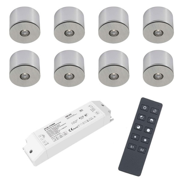 8er Set 3W LED Mini Spot Aufbaustrahler warmweiß dimmbar mit Funk Netzteil und Fernbedienung