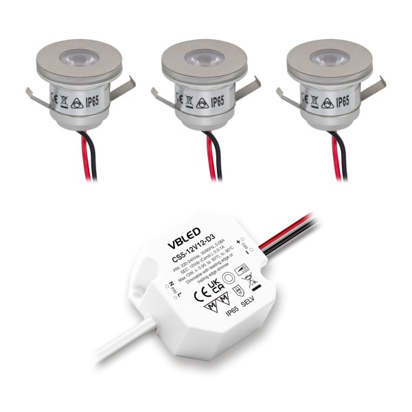 3er Set 1W Mini-Einbauspot Inkl. 12W Dimmbare LED Trafo IP65 wasserdicht 12V DC