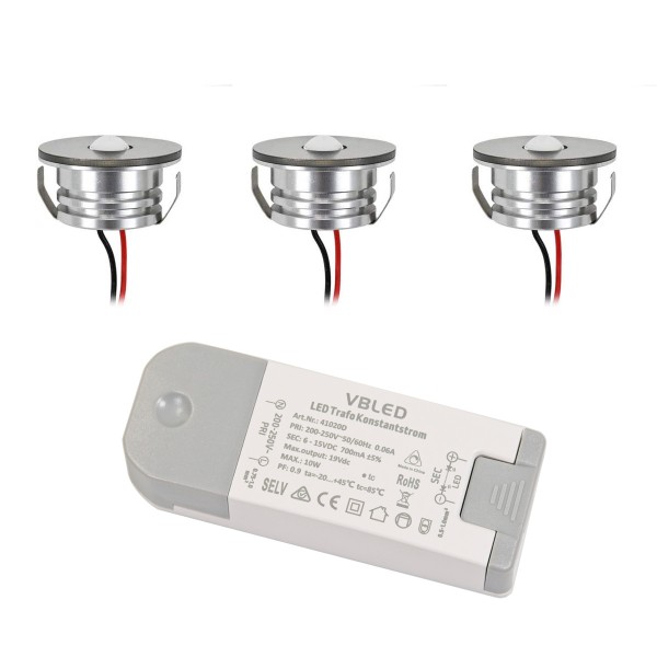 3er Set 3W LED Aluminium Mini Einbaustrahler Spot &quot;Luxonix&quot; warmweiß mit dimmbarem Netzteil