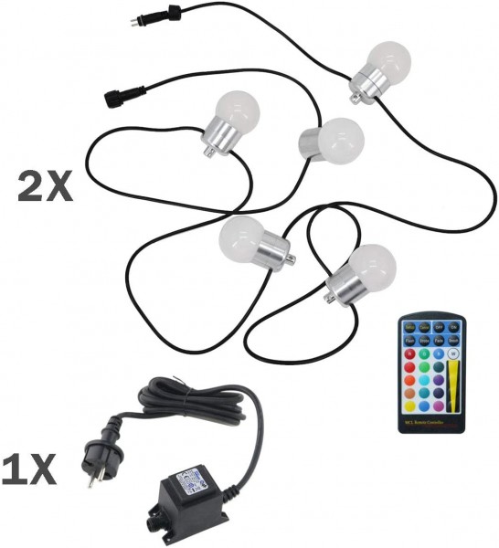 2er Set LED Kugel RGB+WW Lichterkette mit wasserdichtem 12VAC Netzteil und Fernbedienung