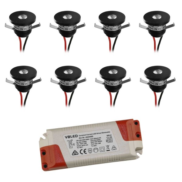 8er-Set 1W LED Aluminium Mini Einbaustrahler warmweiß mit dimmbaren Netzteil - Schwarz