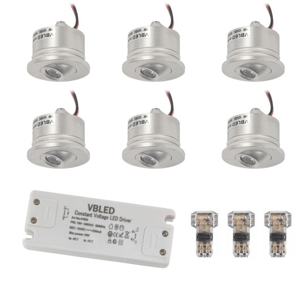 6er-Set 1W LED Mini Einbauspot - &quot;FOCOS&quot; Minispot - 12V DC - IP20 - 3000K - Schwenkbar - Silber