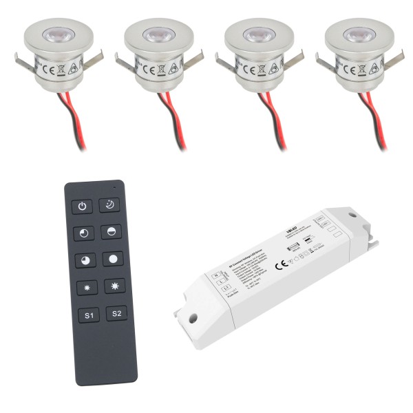 4er Set 1W LED Mini Einbaustrahler IP65 warmweiß mit RF Funk Treiber 12V und Fernbedienung