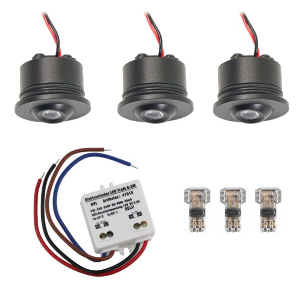 3er-Set 1W LED Mini Einbauspot - &quot;FOCOS&quot; Minispot - 12V DC - IP20 - 3000K - Schwenkbar - Schwarz