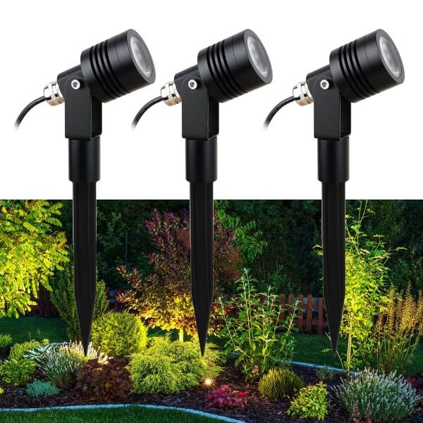 3er-Set 6W LED Gartenstrahler schwarz warmweiß 12V mit Netzteil und Verteilerkabel