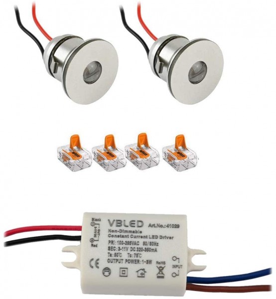 2er-Set 1W Mini LED Einbauspot Einbaustrahler mit Netzteil