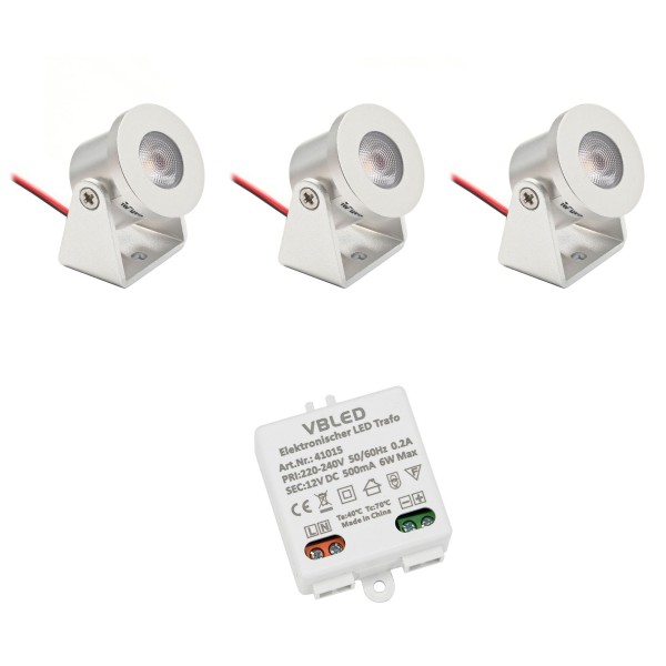 3er Set 1W Mini Aufbau-Strahler Rotier- &amp; Schwenkbar 80lm warmweiß mit 6W 12VDC Netzteil