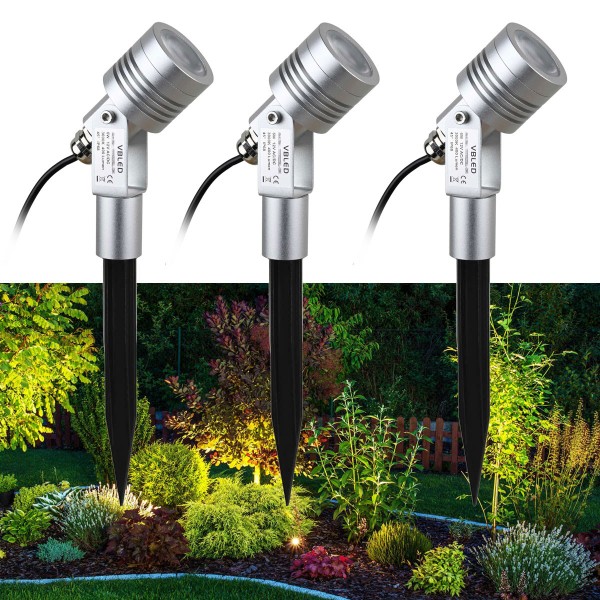 3er-Set 6W Gartenleuchte Gartenstrahler Silber 3000K 12V Warmweiß mit Erdspieß und Trafo