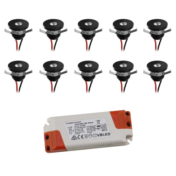 10er Set 1W LED Aluminium Mini Einbaustrahler warmweiß mit dimmbaren Netzteil - Schwarz