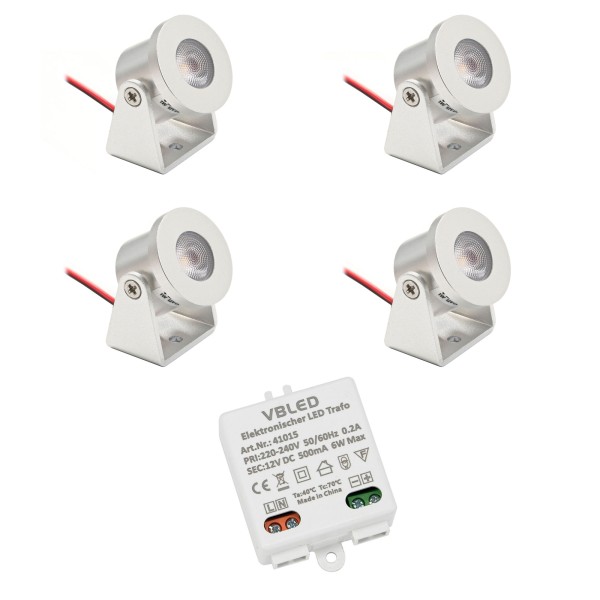 4er Set 1W Mini Aufbau-Strahler Rotier- &amp; Schwenkbar 80lm warmweiß mit 6W 12VDC Netzteil