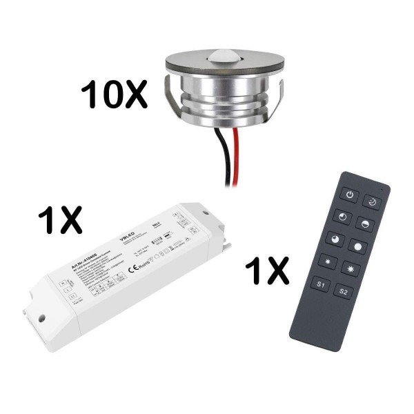 10er Set 3W LED Mini Spot Einbaustrahler warmweiß dimmbar mit Funk Netzteil und Fernbedienung