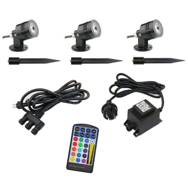 3er-Set RGB+W Gartenstrahler 3x10W mit Trafo und Fernbedienung