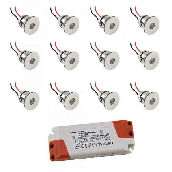 12er-Set 1W Mini LED Einbauspot Einbaustrahler warmweiß mit Netzteil