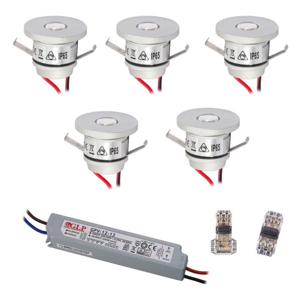 5-er Set 1W Mini-Einbauspot IP65 Warmweiss Inkl.12W LED Trafo 12V DC