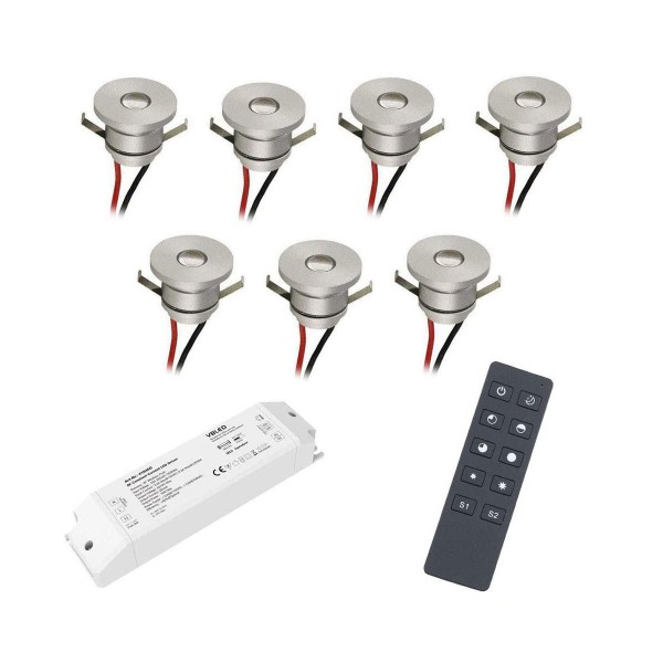 7-er Set 1W LED Aluminium Mini Einbaustrahler warmweiß mit RF Funk Netzteil