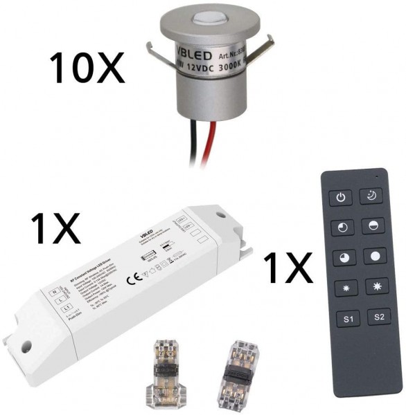 10er Basis Funk-Set 1W Mini-Einbauspot inkl. Fernbedienung und 12W LED Funk Trafo