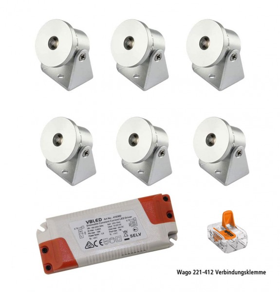 6er-Set 1W Mini Aufbaustrahler - Dreh- &amp; Schwenkbar - 80lm warmweiß mit Netzteil