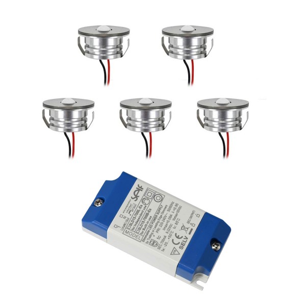 5er SET - LED Alu Mini Spots &quot;Luxonix&quot; / IP65 / 3W / 700mA / 160lm / WW (mit dimmbarem Netzteil)