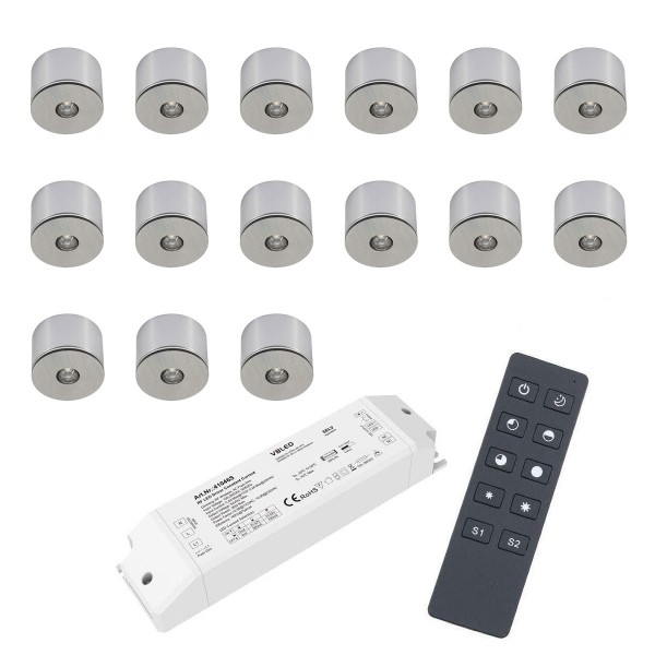 15er Set 3W LED Mini Spot Aufbaustrahler warmweiß dimmbar mit Funk Netzteil und Fernbedienung