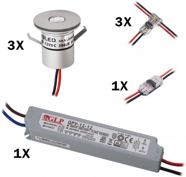 3er Set 1W Mini-Einbauspot Inkl. 12W LED Trafo IP67 wasserdicht 12V DC