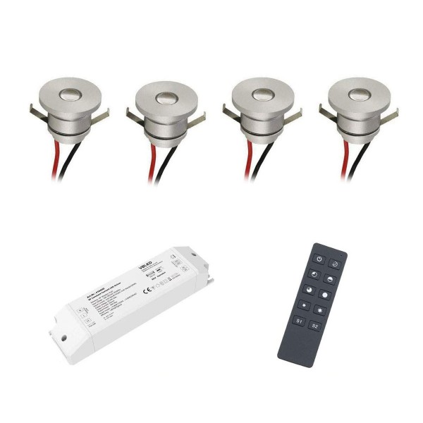 4-er Set 1W LED Mini Einbaustrahler IP44 warmweiß mit RF Funk Netzteil