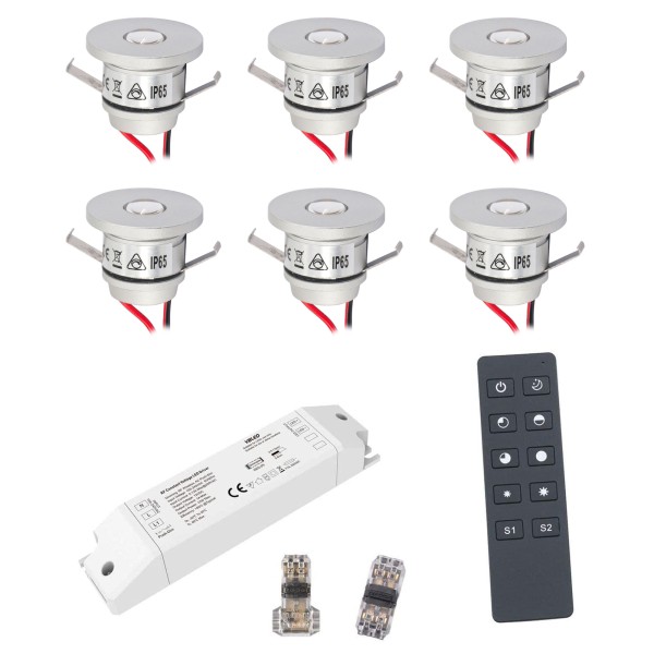 6-er Set 1W LED Aluminium Mini Einbaustrahler warmweiß mit RF Funk Netzteil 12VDC