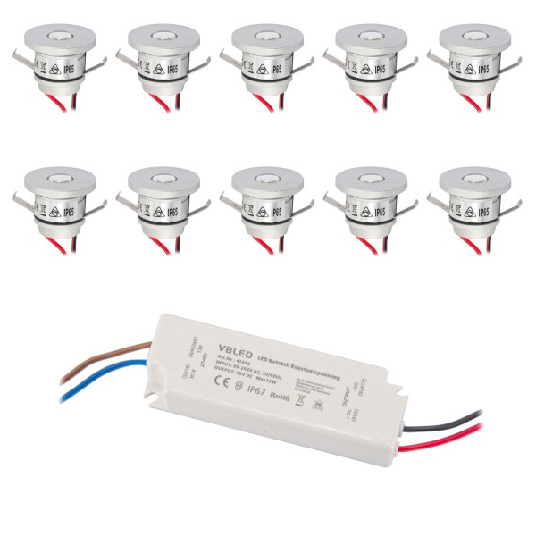 10-er Set 1W Mini-Einbauspot IP65 Warmweiss Inkl.12W LED Trafo 12V DC