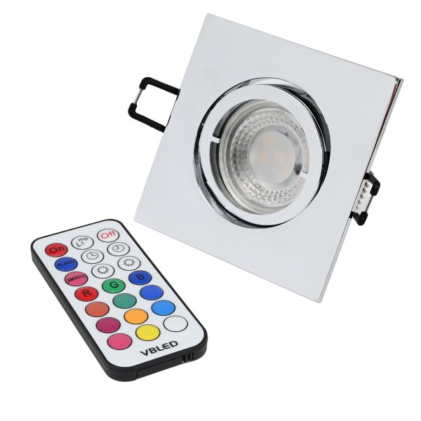 Einbaustrahler Set mit 7W RGB+W Spot Leuchtmittel,12V AC/DC chrom Eckig