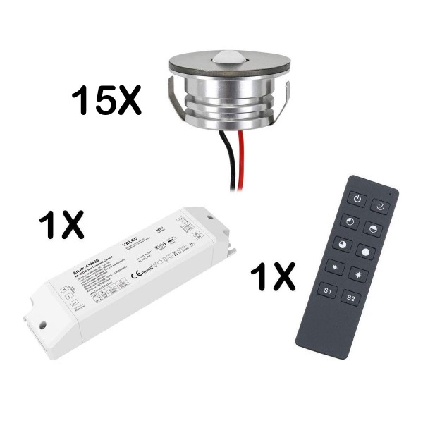 15er Set 3W LED Mini Spot Einbaustrahler warmweiß dimmbar mit Funk Netzteil und Fernbedienung