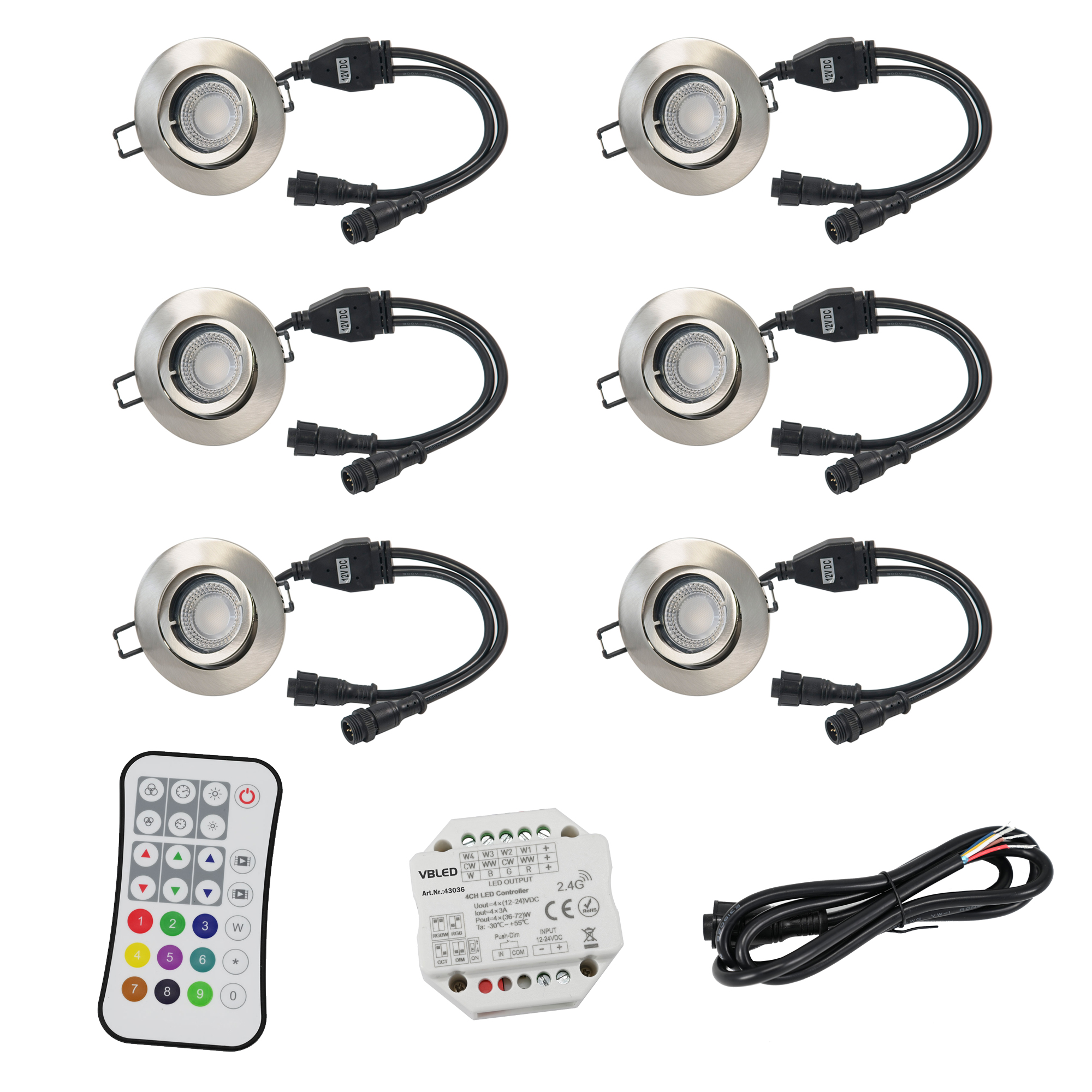 6er Set RGBW LED Einbauleuchten mit Controller und Fernbedienung 12VDC |  VBLED
