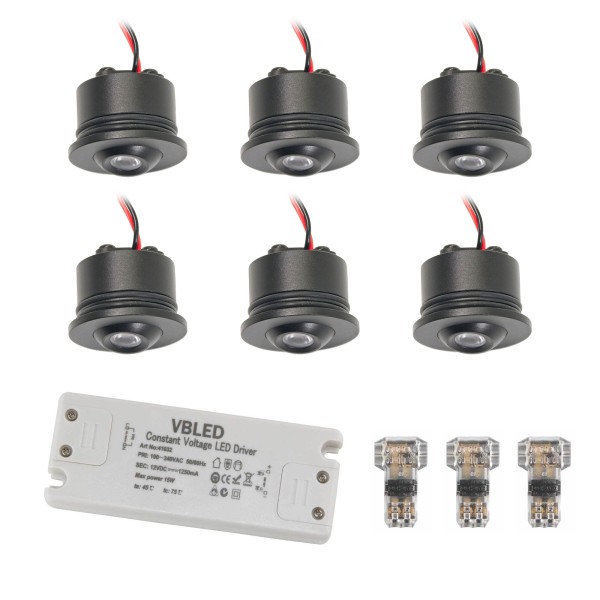 6er-Set 1W LED Mini Einbauspot - &quot;FOCOS&quot; Minispot - 12V DC - IP20 - 3000K - Schwenkbar - Schwarz