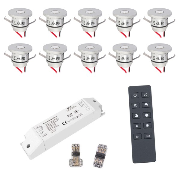 10er Basis Funk-Set 1W Mini-Einbauspot inkl. Fernbedienung und 12W LED Funk Trafo