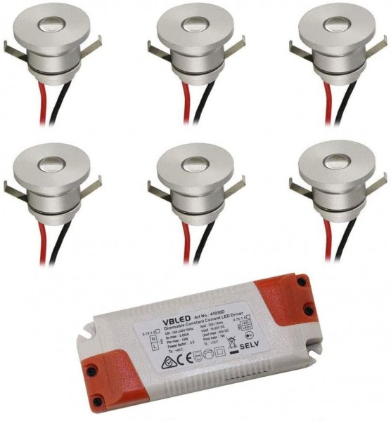 6er Set LED Alu Spot Mini Einbaustrahler / IP44 / 1W / 350mA / 80lm / NW (4000 K)