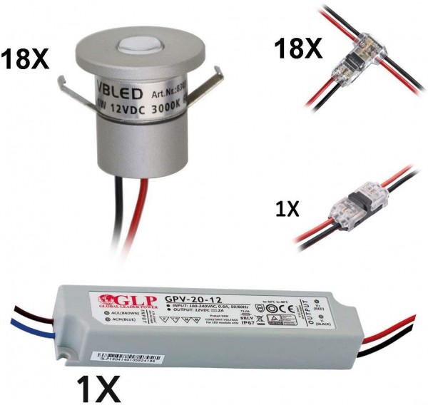 18-er Set 1W Mini-Einbauspot IP65 Warmweiss Inkl.12W LED Trafo 12V DC