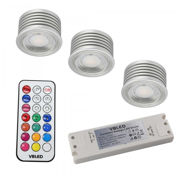 3er SET - 7W RGB+W LED Leuchtmittel / 12V AC/DC / MR16/GU5.3 / Dimmbar inkl. IR Fernbedienung