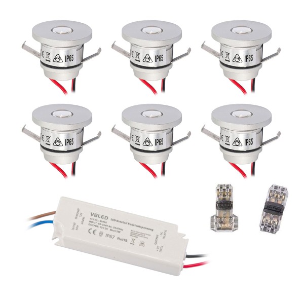 6er Set 1W Mini-Einbauspot IP65 Warmweiss Inkl.12VDC LED Trafo