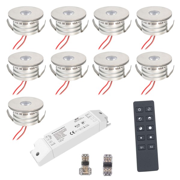 9er Funk Set 3W Mini-Einbauspot Einbaustrahler &quot;NOVOS&quot; 3000K inkl.LED Trafo und Verbinder