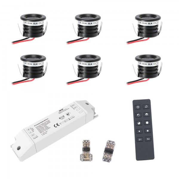 6-er KIT &quot;VISUM&quot; 1W LED Aluminium Mini Einbaustrahler warmweiß mit RF Funk Netzteil 12VDC