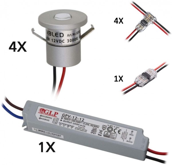 4er Set 1W Mini-Einbauspot Warmweiss mit LED Trafo 12V DC, IP67