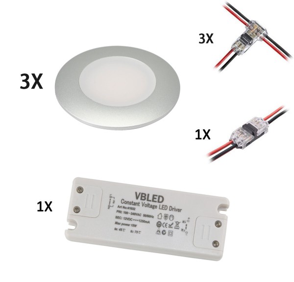 3er-Set LED Einbaustrahler 12VDC 3W 3000K warmweiß Aluminium Möbeleinbauleuchte