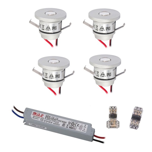 4er Set 1W Mini-Einbauspot Warmweiss mit LED Trafo 12V DC, IP67