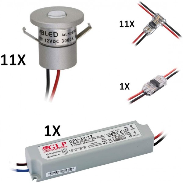 11-er Set 1W Mini-Einbauspot IP65 Warmweiss Inkl.12W LED Trafo 12V DC