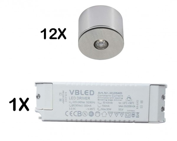 12er Set 3W LED Mini Spot/Decken-Aufbau-Spot / IP65 / WW / inkl. dimmbarer LED Netzteil