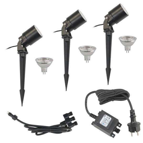 3er SET &quot;Werios&quot; Gartenstrahler 12V AC mit MR16 LED Leuchtmittel 5W 3000K