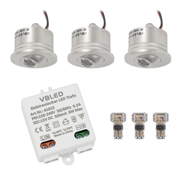 3er-Set 1W LED Mini Einbauspot - &quot;FOCOS&quot; Minispot - 12V DC - IP20 - 3000K - Schwenkbar - Silber