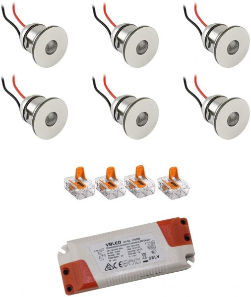 6er-Set 1W Mini LED Einbauspot Einbaustrahler warmweiß mit Netzteil