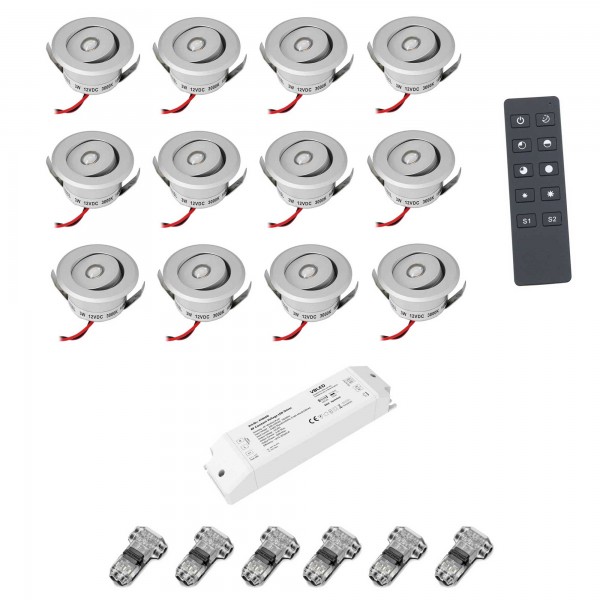 12er-Set 3W LED Mini Einbauspot - &quot;OCULOS&quot; Minispot 3000K mit Funk Netzteil und Fernbedienung Silber