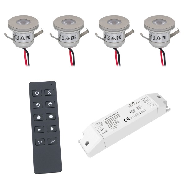 4er Set 1W LED Mini Einbaustrahler IP65 warmweiß mit RF Funk Treiber 12V und Fernbedienung