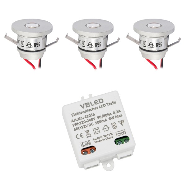 3er Set 1W Mini-Einbauspot Mini Spot IP65 Warmweiss Inkl. 6W LED Trafo